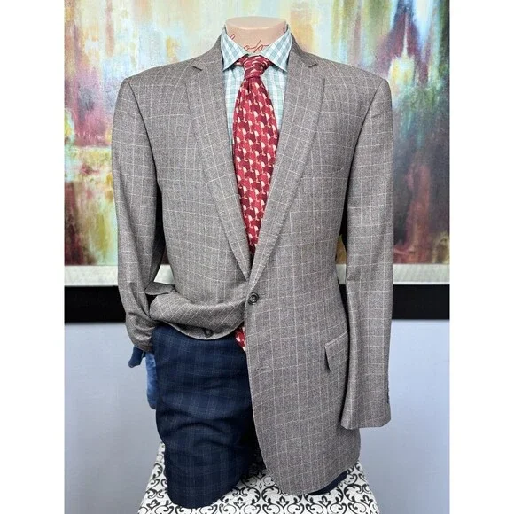J Hilburn Mens Brown Glen Check Soft Wool Blazer 46L MSRP $1299